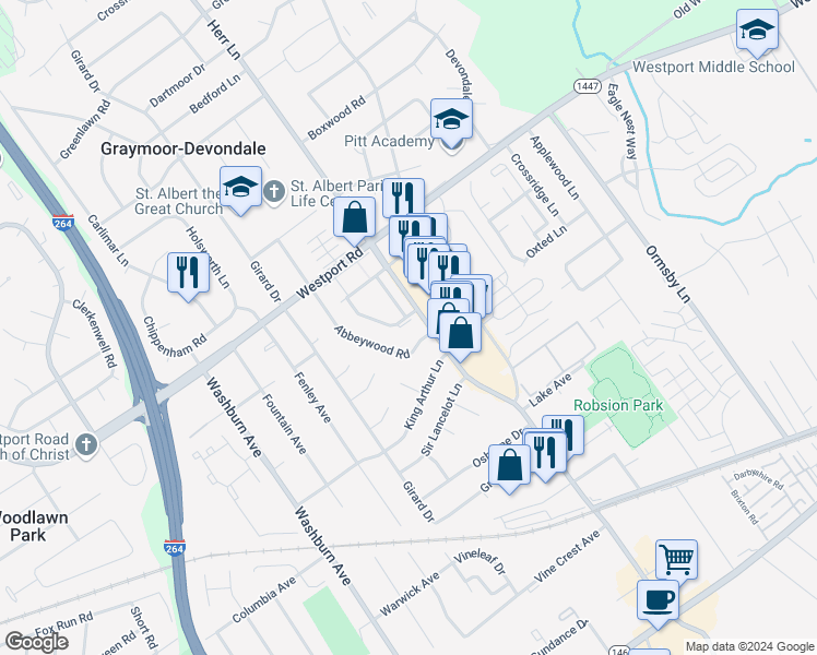 map of restaurants, bars, coffee shops, grocery stores, and more near 1209 Westlynne Way in Louisville