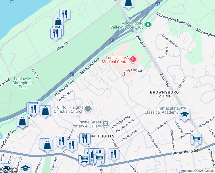 map of restaurants, bars, coffee shops, grocery stores, and more near 514 Highwood Drive in Louisville
