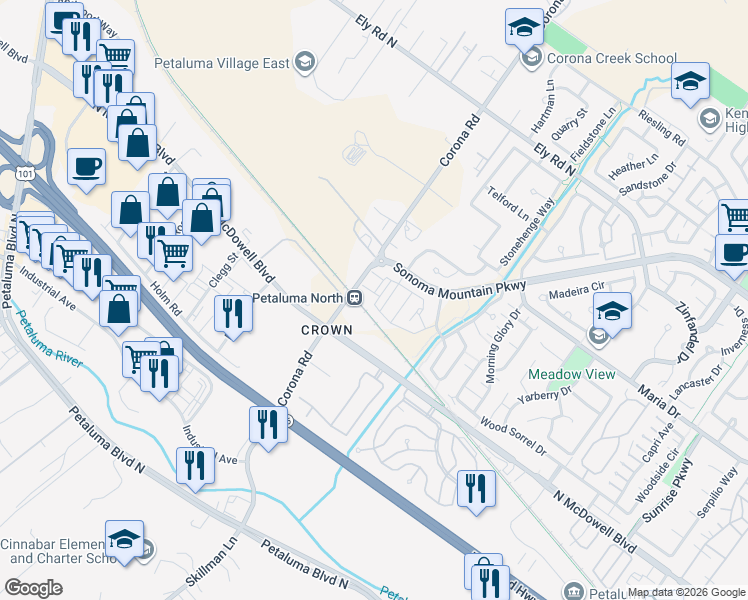 map of restaurants, bars, coffee shops, grocery stores, and more near 360 Corona Road in Petaluma