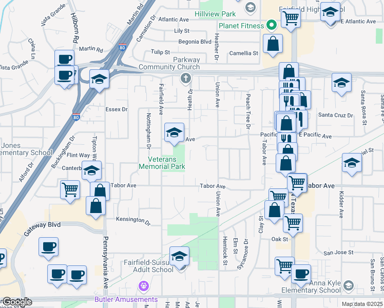 map of restaurants, bars, coffee shops, grocery stores, and more near 2195 Union Avenue in Fairfield