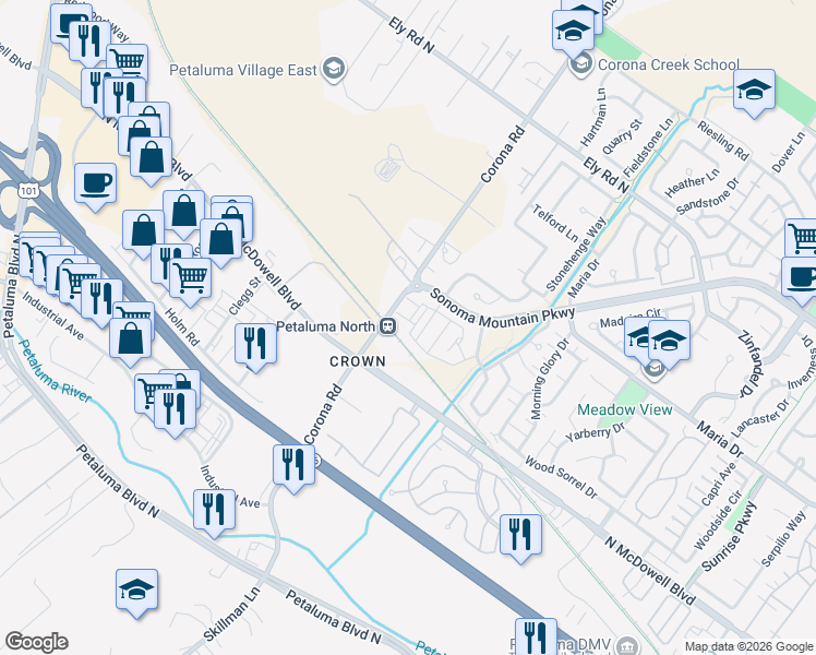 map of restaurants, bars, coffee shops, grocery stores, and more near 360 Corona Road in Petaluma