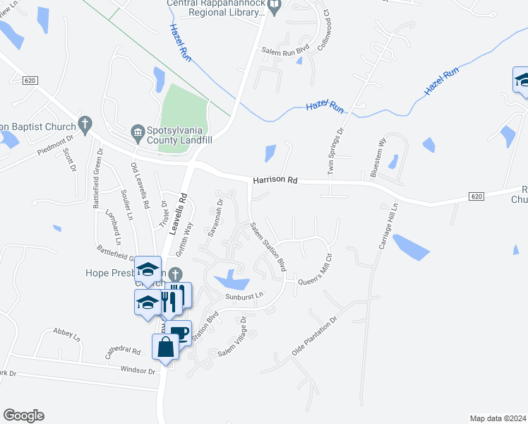 map of restaurants, bars, coffee shops, grocery stores, and more near 11313 Regal Court in Fredericksburg