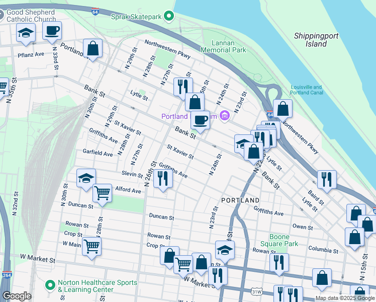 map of restaurants, bars, coffee shops, grocery stores, and more near 2509 Gilligan Street in Louisville