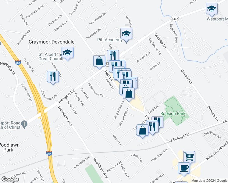 map of restaurants, bars, coffee shops, grocery stores, and more near 1120 Westlynne Place in Louisville