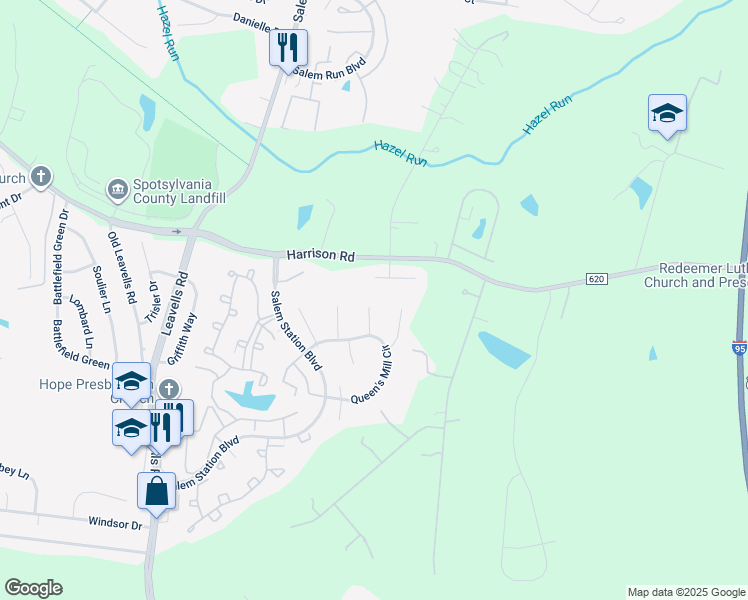 map of restaurants, bars, coffee shops, grocery stores, and more near 11309 Cheshire Court in Fredericksburg