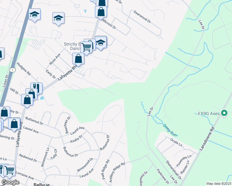 map of restaurants, bars, coffee shops, grocery stores, and more near 4209 Normandy Court in Fredericksburg
