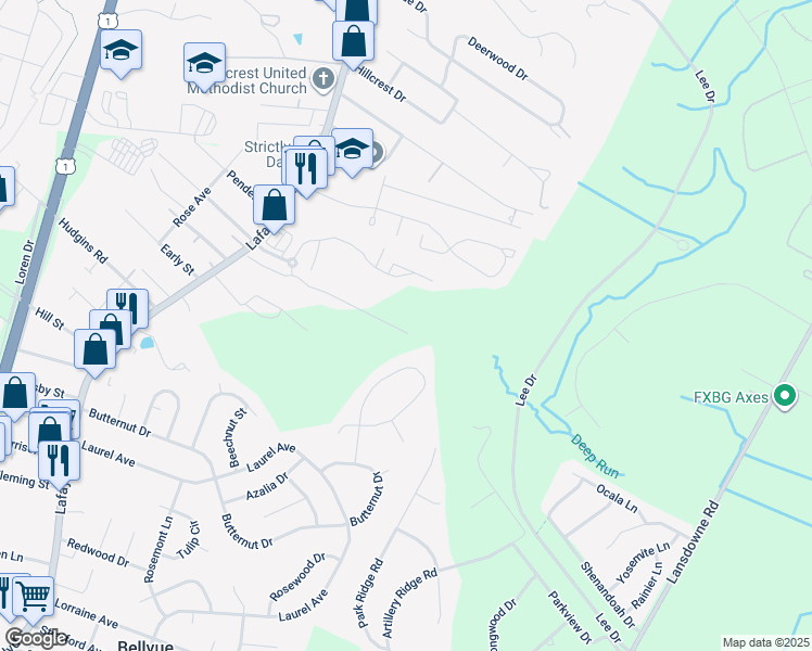 map of restaurants, bars, coffee shops, grocery stores, and more near 4205 Normandy Court in Fredericksburg