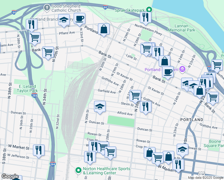 map of restaurants, bars, coffee shops, grocery stores, and more near 417 North 29th Street in Louisville