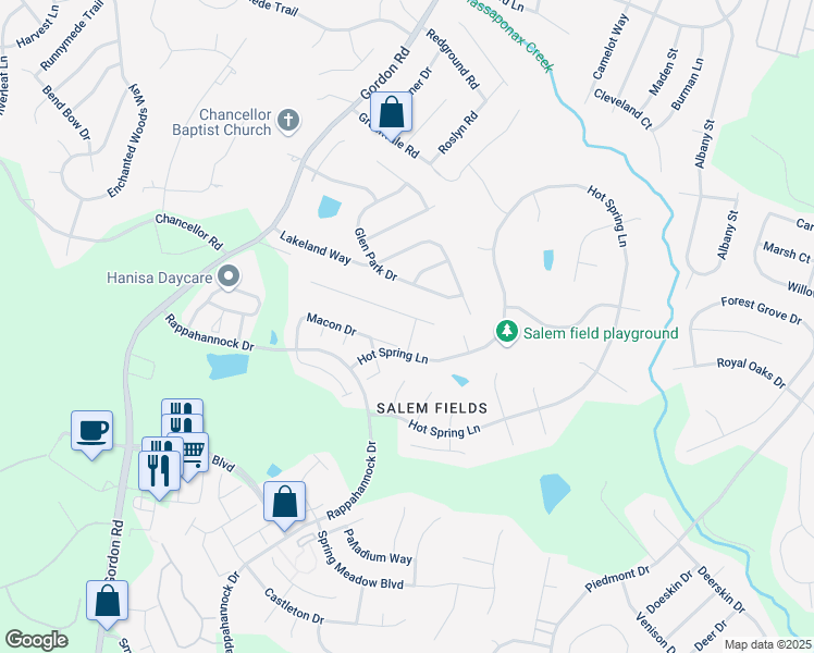 map of restaurants, bars, coffee shops, grocery stores, and more near 6908 Elon Drive in Fredericksburg