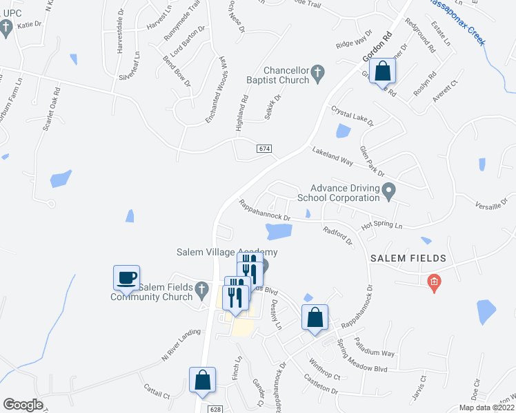 map of restaurants, bars, coffee shops, grocery stores, and more near 7326 Wytheville Circle in Fredericksburg