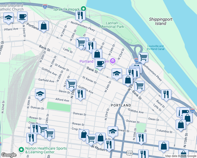 map of restaurants, bars, coffee shops, grocery stores, and more near 2430 Bank Street in Louisville
