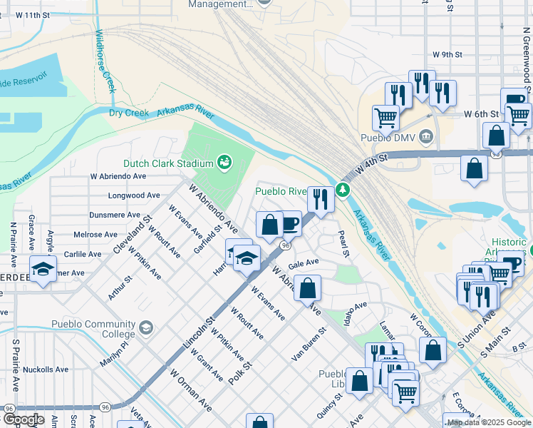 map of restaurants, bars, coffee shops, grocery stores, and more near 21 Carlile Place in Pueblo