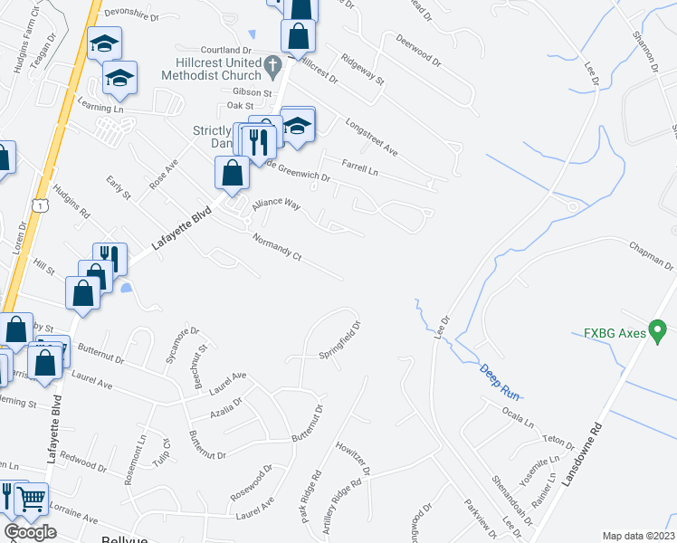 map of restaurants, bars, coffee shops, grocery stores, and more near 4211 Normandy Court in Fredericksburg