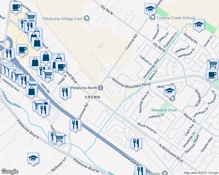 map of restaurants, bars, coffee shops, grocery stores, and more near 360 Corona Road in Petaluma