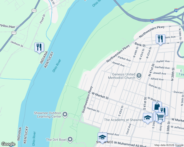 map of restaurants, bars, coffee shops, grocery stores, and more near 122 Northwestern Pkwy in Louisville