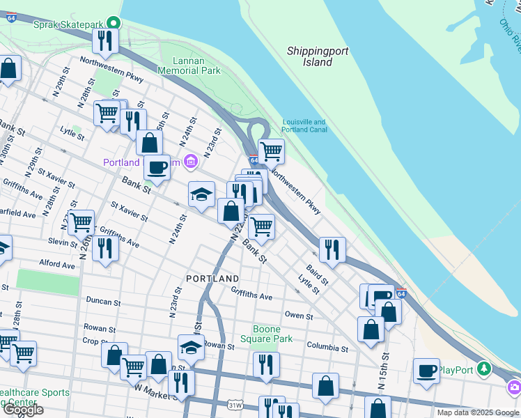 map of restaurants, bars, coffee shops, grocery stores, and more near 2054 Portland Avenue in Louisville