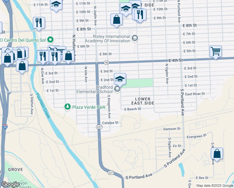 map of restaurants, bars, coffee shops, grocery stores, and more near 107 South La Crosse Avenue in Pueblo