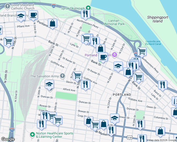 map of restaurants, bars, coffee shops, grocery stores, and more near 2539 Saint Xavier Street in Louisville