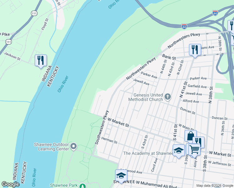 map of restaurants, bars, coffee shops, grocery stores, and more near 133 Northwestern Parkway in Louisville
