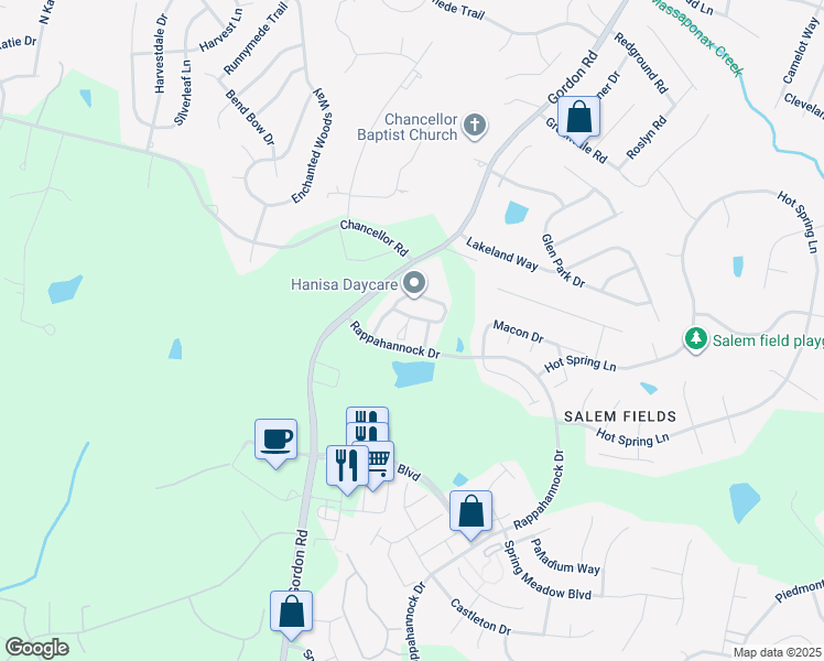 map of restaurants, bars, coffee shops, grocery stores, and more near 11411 Wytheville Court in Fredericksburg