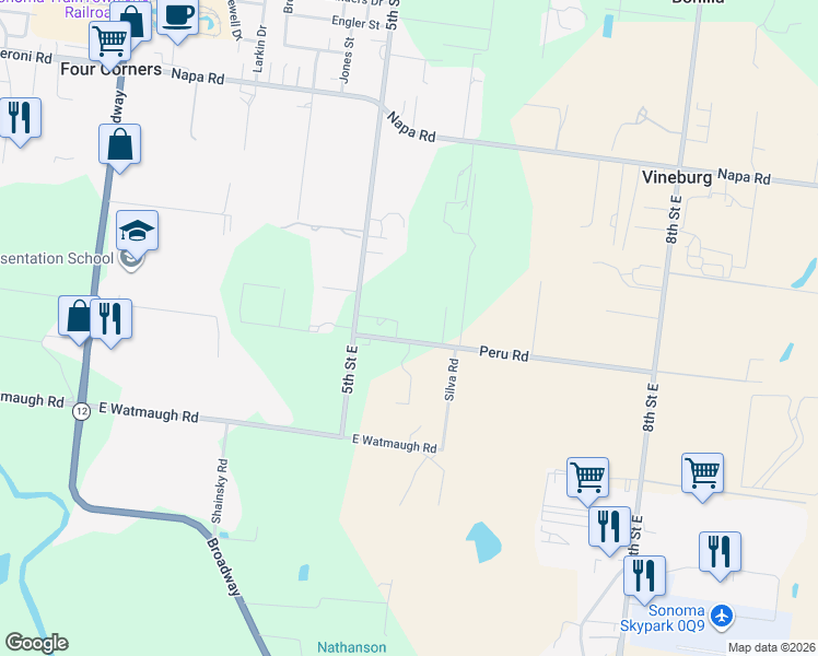 map of restaurants, bars, coffee shops, grocery stores, and more near 530 Peru Road in Sonoma