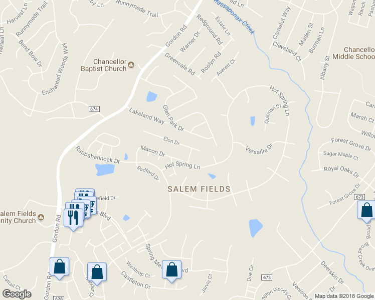 map of restaurants, bars, coffee shops, grocery stores, and more near 6908 Elon Drive in Fredericksburg
