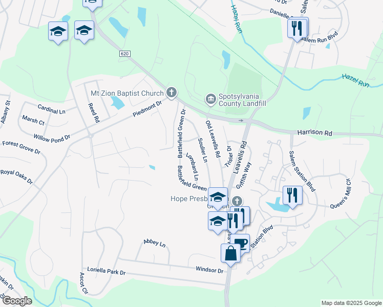 map of restaurants, bars, coffee shops, grocery stores, and more near 7019 Lombard Lane in Fredericksburg
