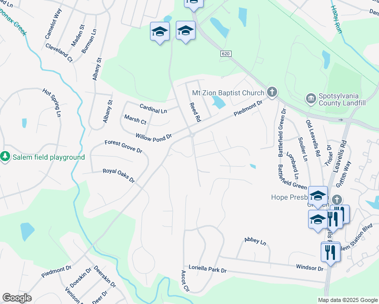 map of restaurants, bars, coffee shops, grocery stores, and more near 11441 Piedmont Drive in Fredericksburg