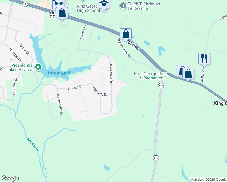 map of restaurants, bars, coffee shops, grocery stores, and more near 10459 Roosevelt Drive in King George