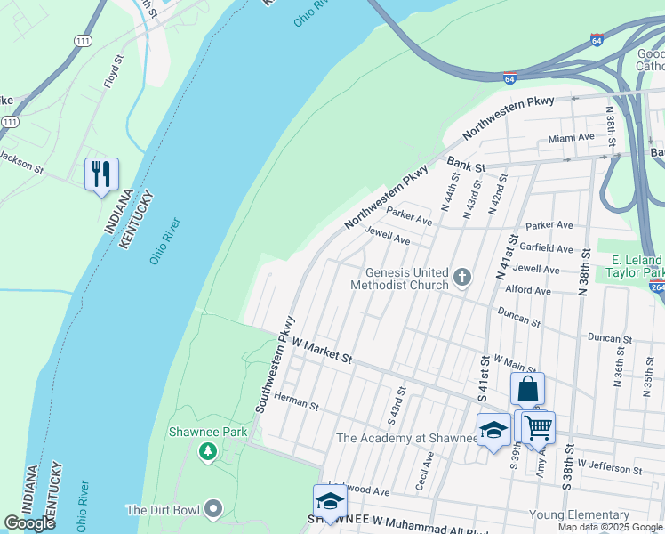 map of restaurants, bars, coffee shops, grocery stores, and more near 124 North Longworth Avenue in Louisville