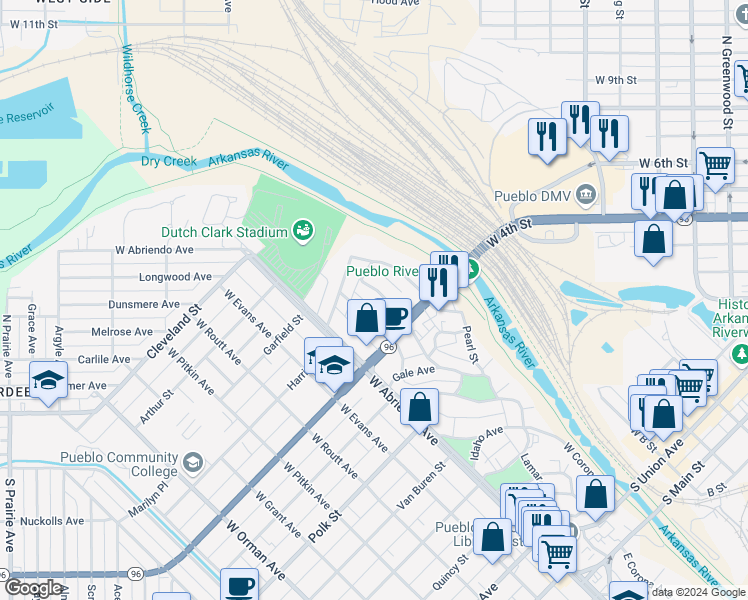map of restaurants, bars, coffee shops, grocery stores, and more near 737 West Corona Avenue in Pueblo