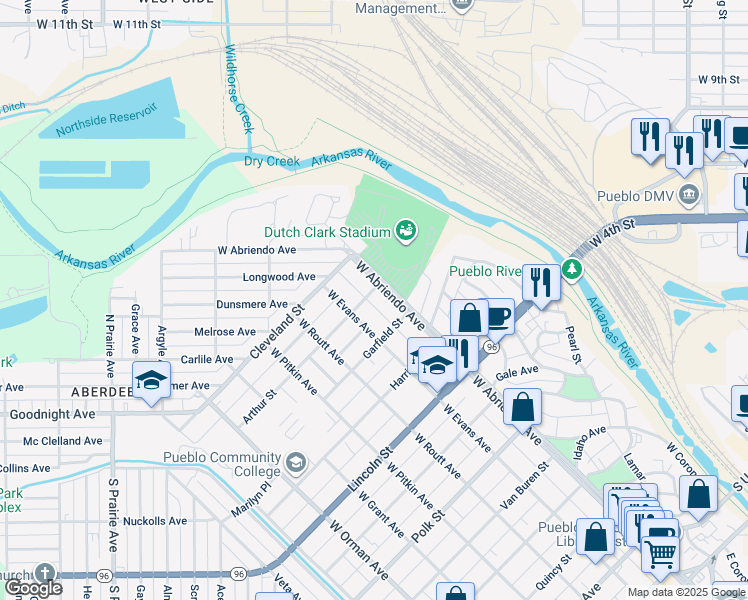 map of restaurants, bars, coffee shops, grocery stores, and more near 924 West Abriendo Avenue in Pueblo