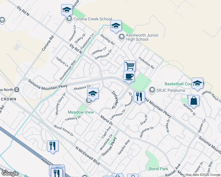map of restaurants, bars, coffee shops, grocery stores, and more near 1706 Champagne Place in Petaluma