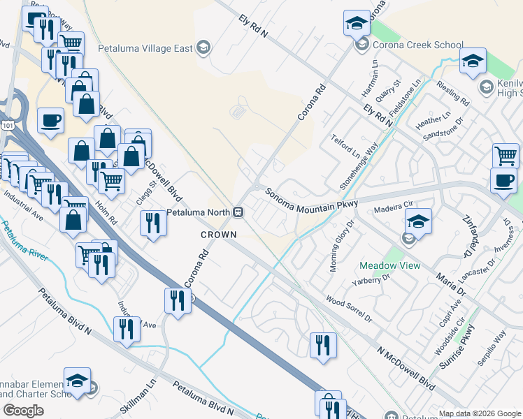 map of restaurants, bars, coffee shops, grocery stores, and more near 360 Corona Road in Petaluma