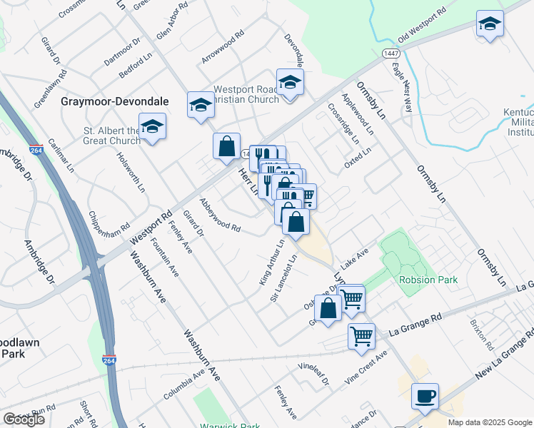 map of restaurants, bars, coffee shops, grocery stores, and more near 1209 Westlynne Way in Louisville