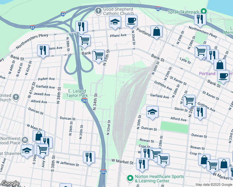 map of restaurants, bars, coffee shops, grocery stores, and more near in Louisville