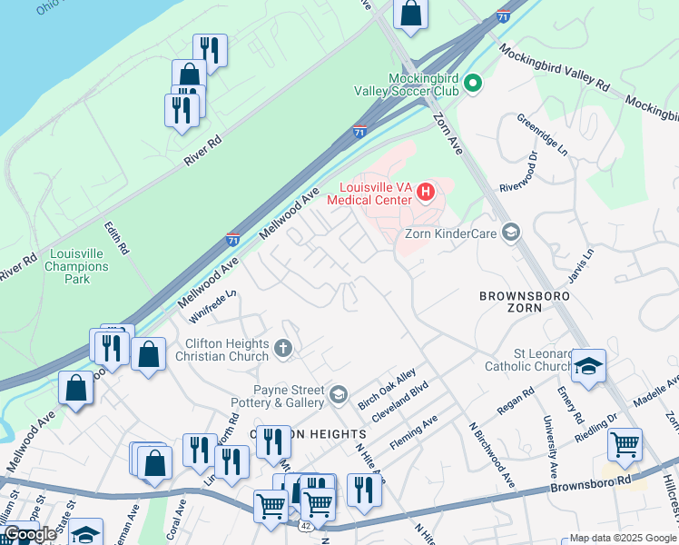map of restaurants, bars, coffee shops, grocery stores, and more near 514 Highwood Drive in Louisville