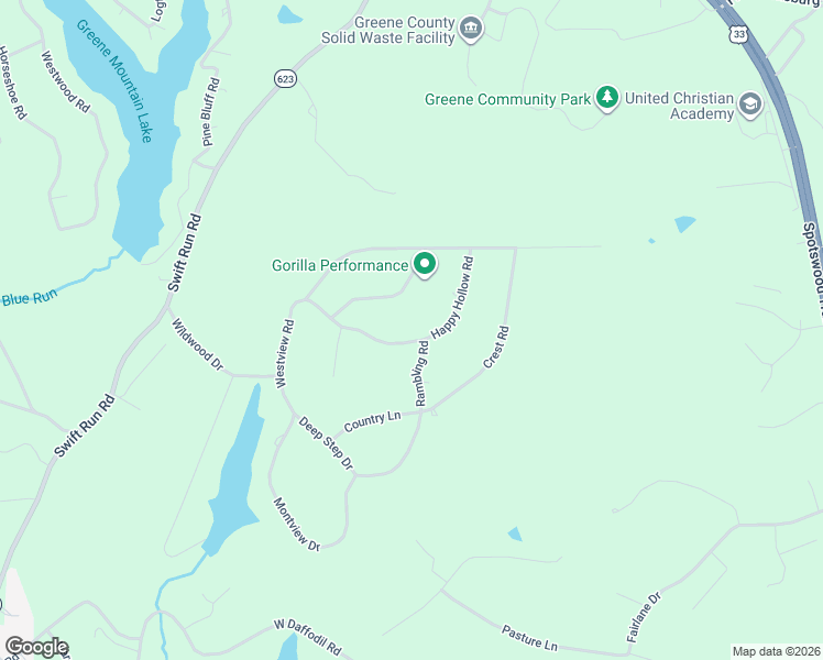 map of restaurants, bars, coffee shops, grocery stores, and more near 101-289 Rambling Road in Ruckersville