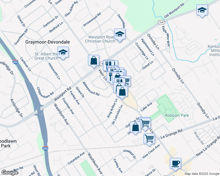 map of restaurants, bars, coffee shops, grocery stores, and more near 1209 Westlynne Way in Louisville