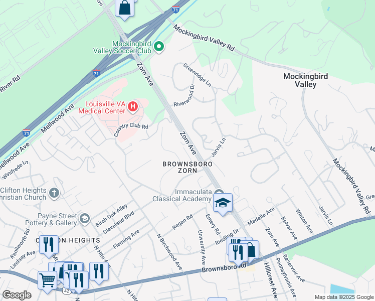 map of restaurants, bars, coffee shops, grocery stores, and more near 708 Zorn Avenue in Louisville