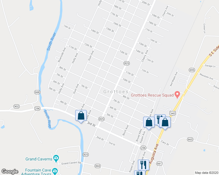 map of restaurants, bars, coffee shops, grocery stores, and more near 404 8th Street in Grottoes