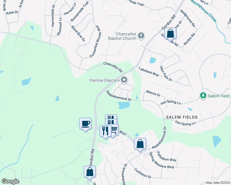 map of restaurants, bars, coffee shops, grocery stores, and more near 7320 Wytheville Circle in Fredericksburg