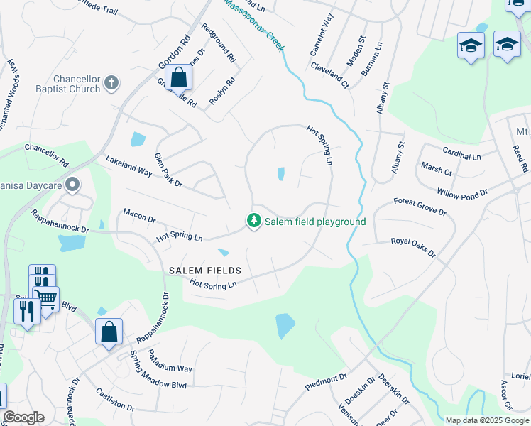 map of restaurants, bars, coffee shops, grocery stores, and more near 6938 Versaille Drive in Fredericksburg