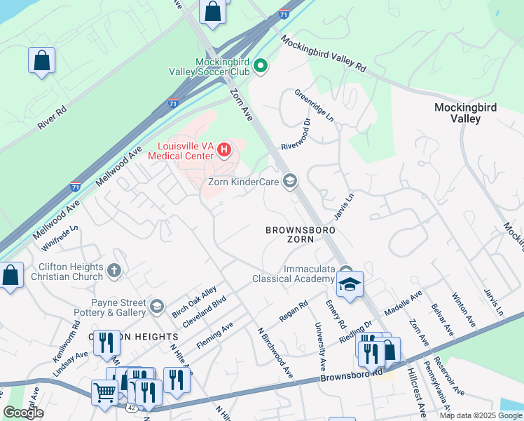 map of restaurants, bars, coffee shops, grocery stores, and more near 3063 University Road in Louisville