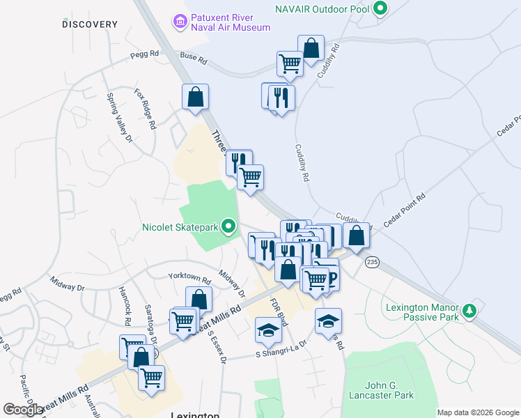 map of restaurants, bars, coffee shops, grocery stores, and more near 21885 Three Notch Road in Lexington Park
