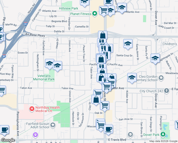 map of restaurants, bars, coffee shops, grocery stores, and more near 89 Tabor Avenue in Fairfield