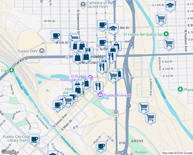 map of restaurants, bars, coffee shops, grocery stores, and more near 313 West City Center Drive in Pueblo