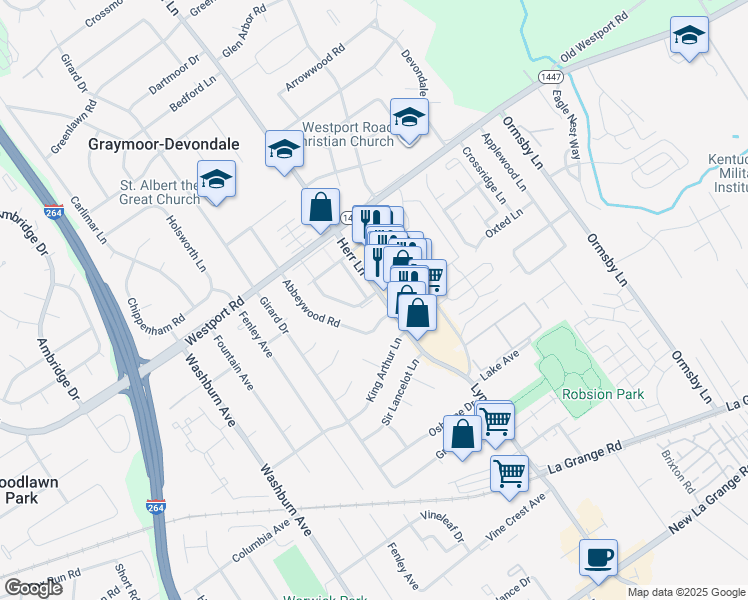 map of restaurants, bars, coffee shops, grocery stores, and more near 1209 Westlynne Way in Louisville