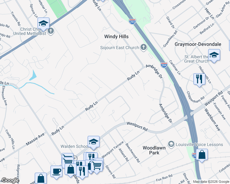 map of restaurants, bars, coffee shops, grocery stores, and more near 4401 Rudy Lane in Louisville