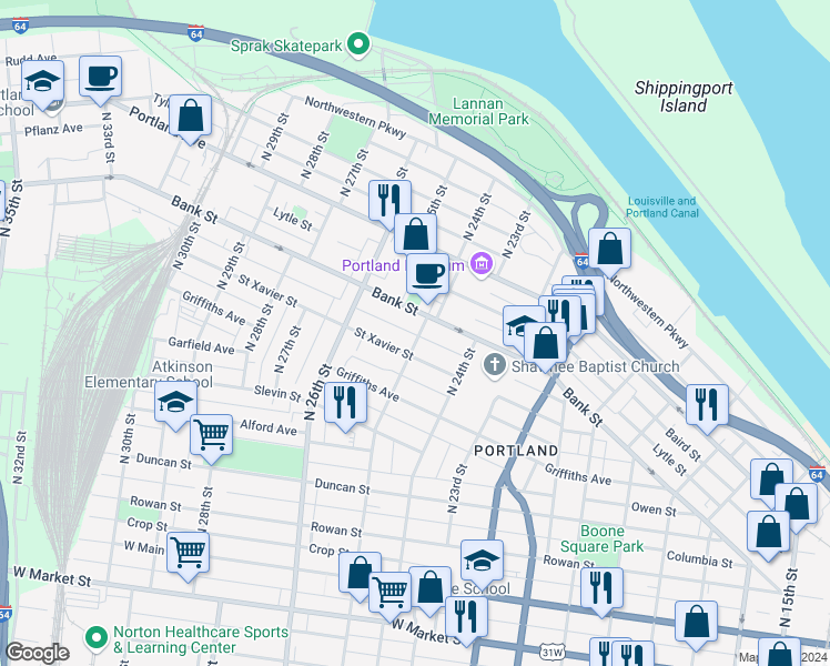 map of restaurants, bars, coffee shops, grocery stores, and more near 450 North 25th Street in Louisville
